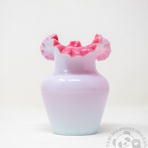 Bohemian Harrach Hand Enameled Bird & Flowers White Cased Pink Ruffled Vase - Picture 2 of 4